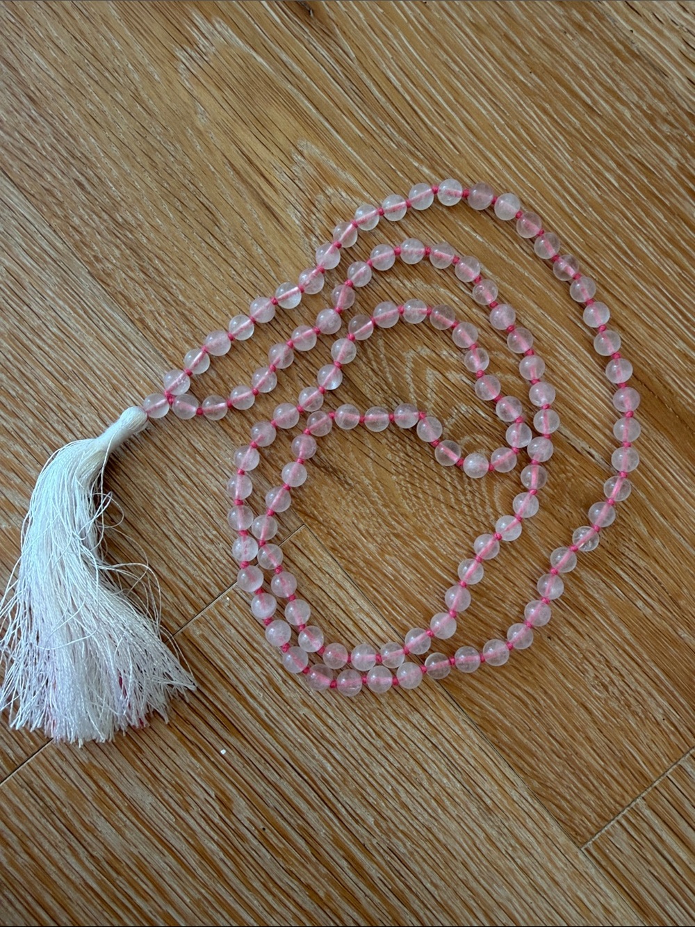 Rose Quartz Beaded Necklace with White Tassel - Soft Pink